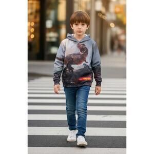 Toddler Boy's T REX Dinosaur Hoodie Pockets Sweatshirt Back Front Print Size 5T